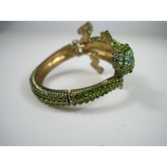 Gold Tone Crocodile Green Crystal Hinged Bangle Bracelet Sparkly Jewelry - Picture 10 of 12